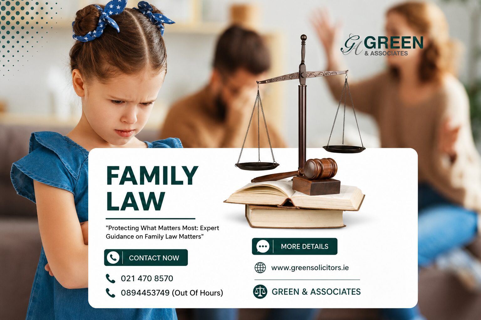 Family law advertisement with sad child.