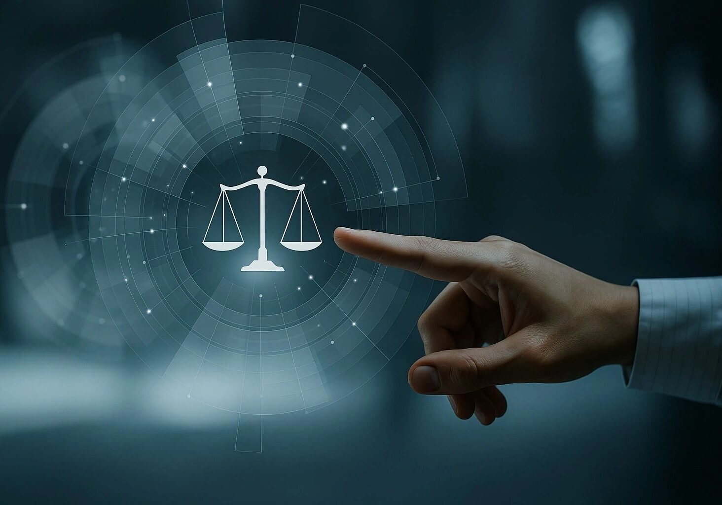 Hand pointing at digital scales of justice.