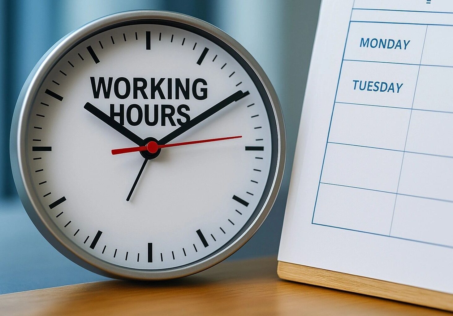 Clock showing working hours beside calendar.