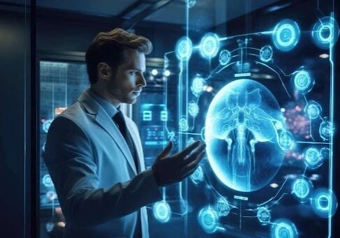 Man examining futuristic digital medical display.