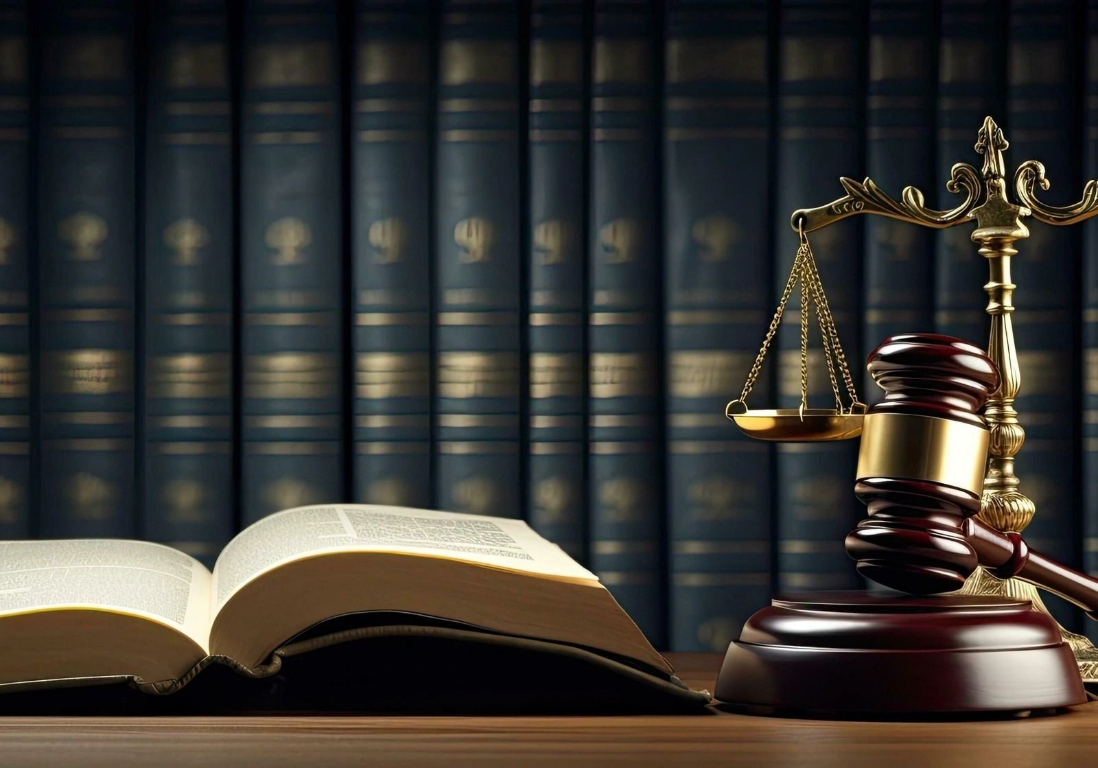 Gavel, scales, and books on desk.