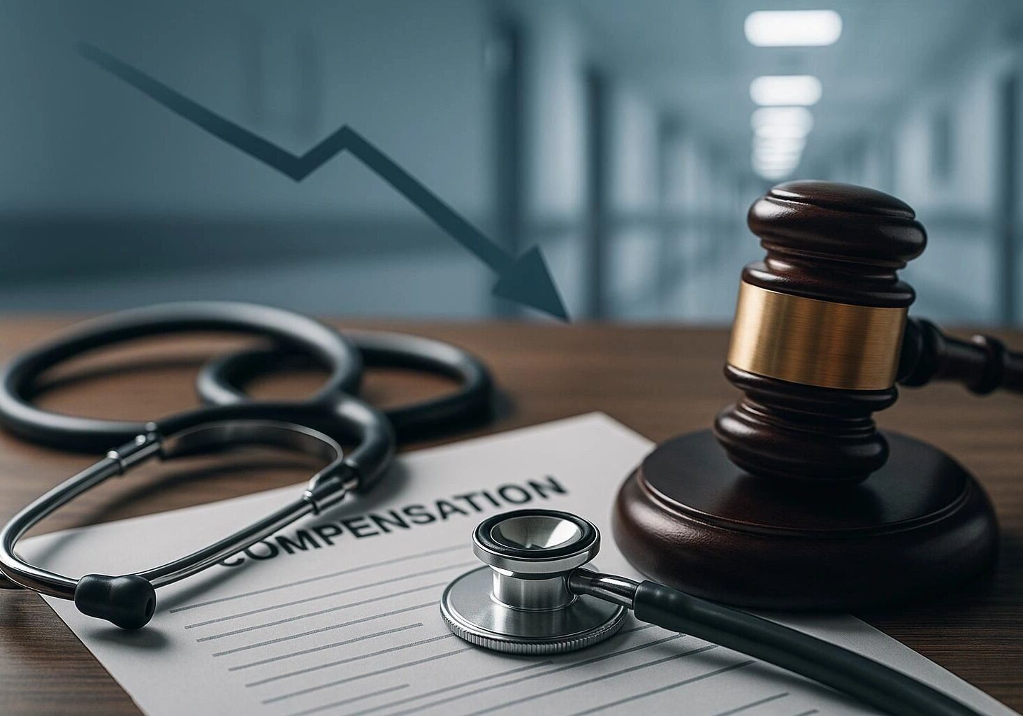 Gavel, stethoscope, and compensation document on table.