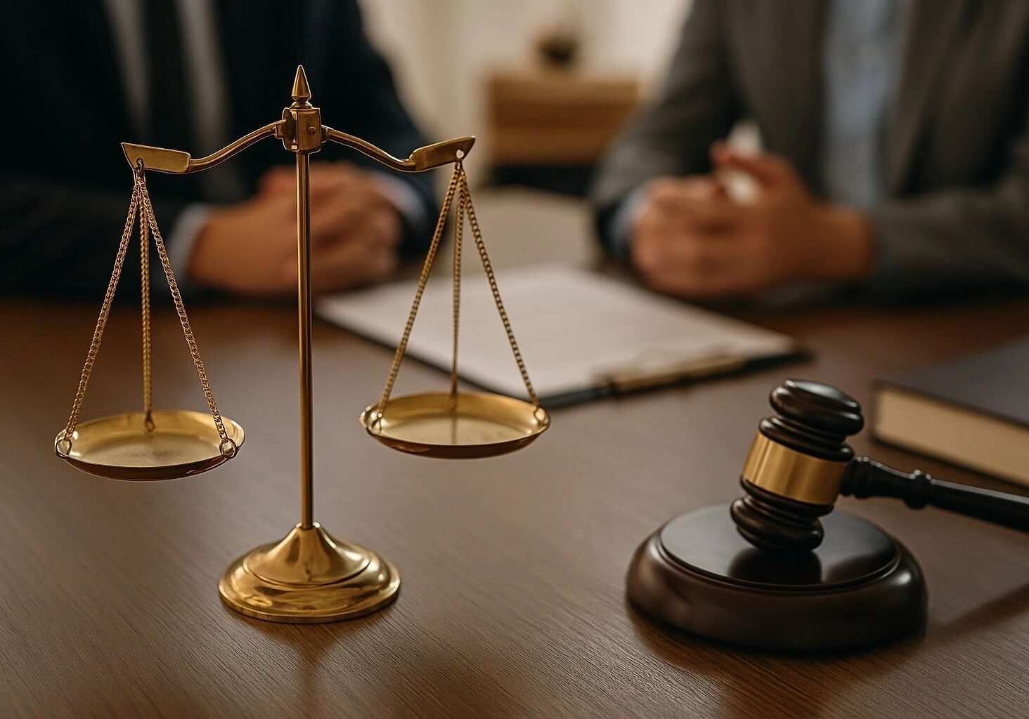 Scales of justice and gavel on table.