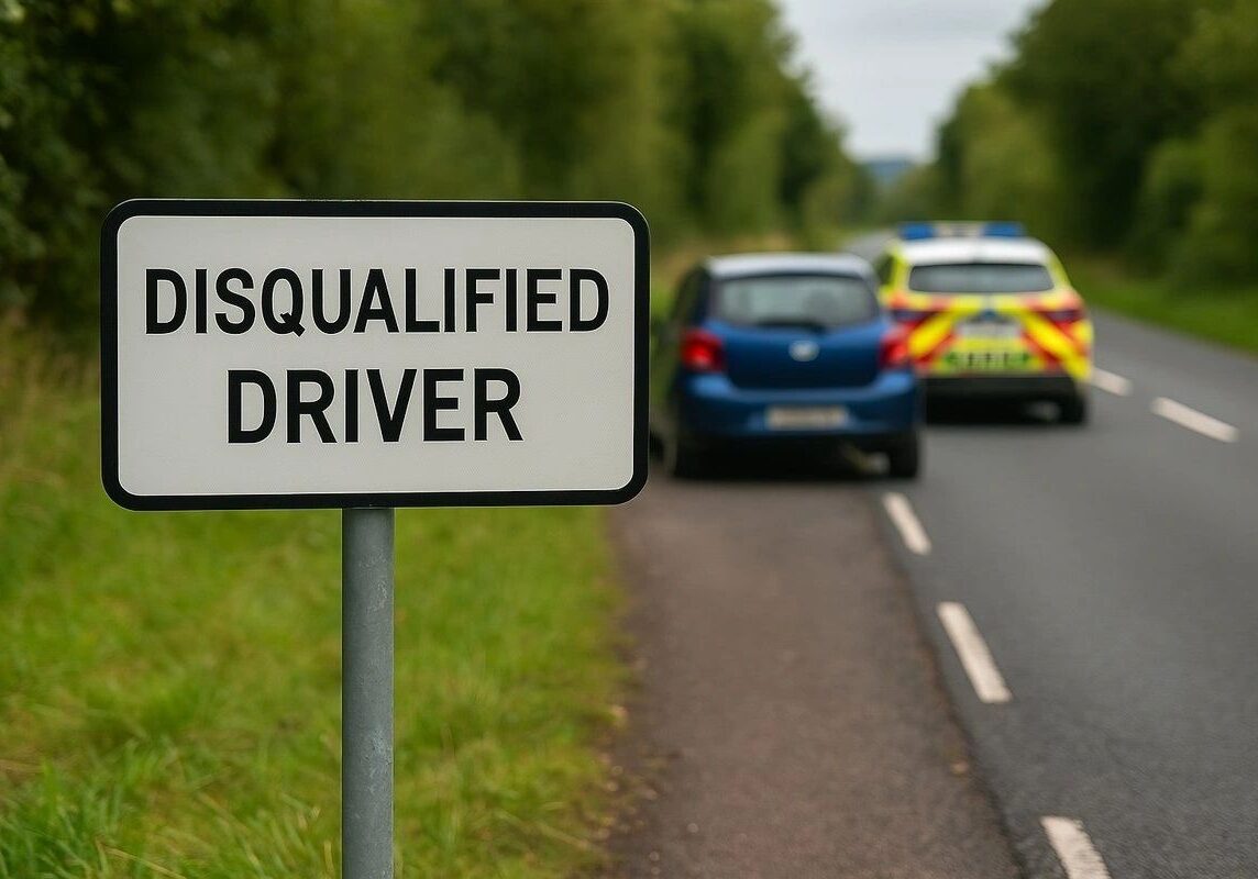 Disqualified driver sign near stopped cars.