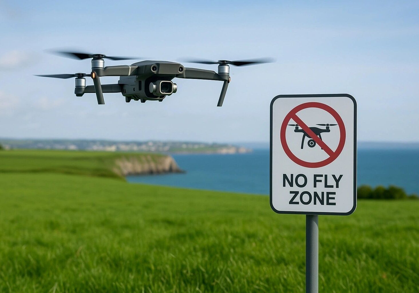 Drone flying near no fly zone sign.