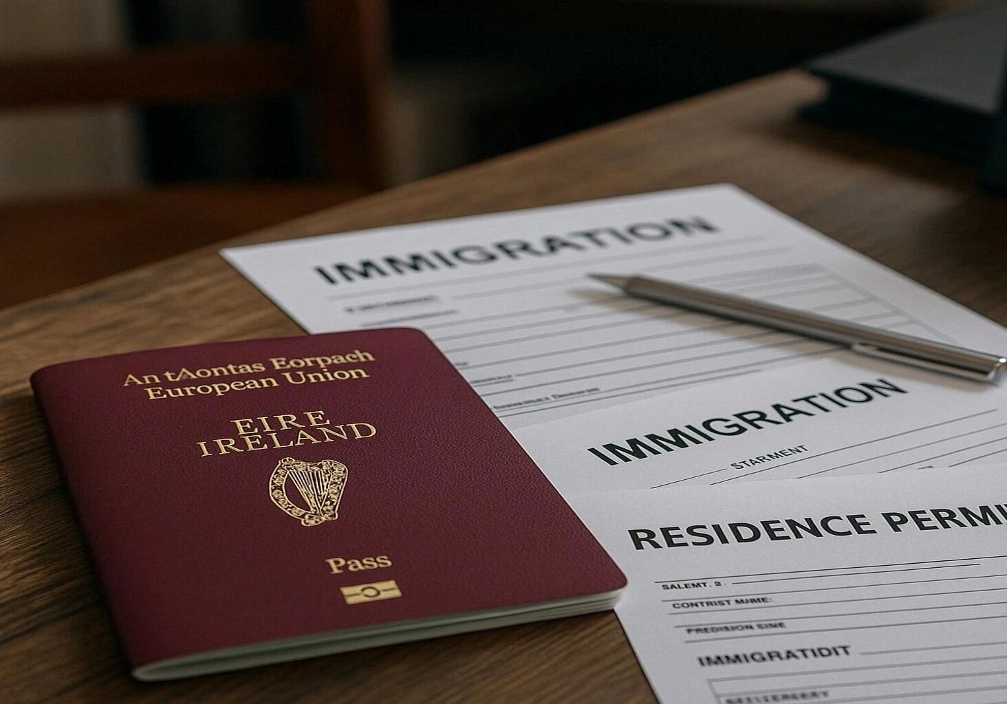 Irish passport with immigration forms and pen.