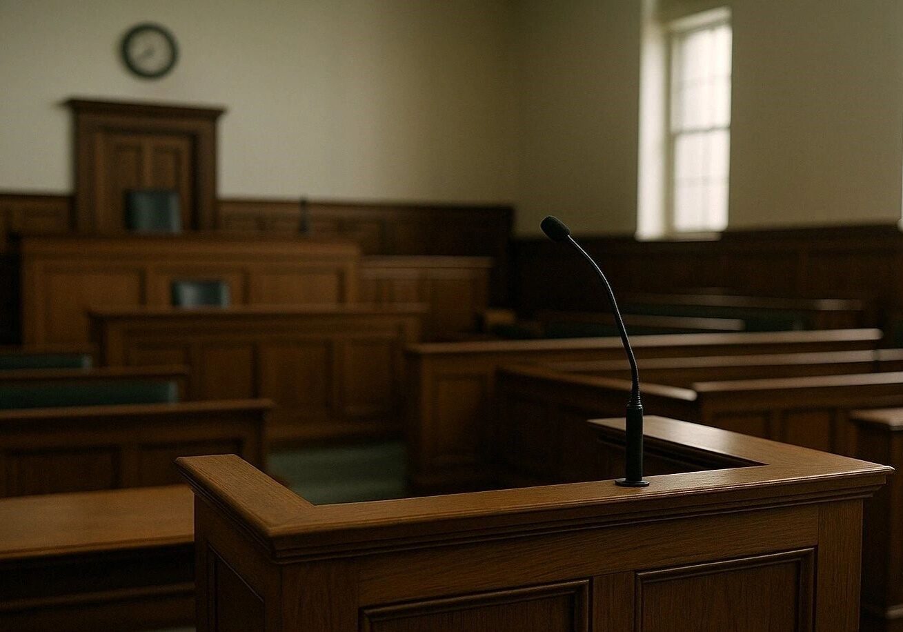 Empty courtroom with wooden furniture and podium.