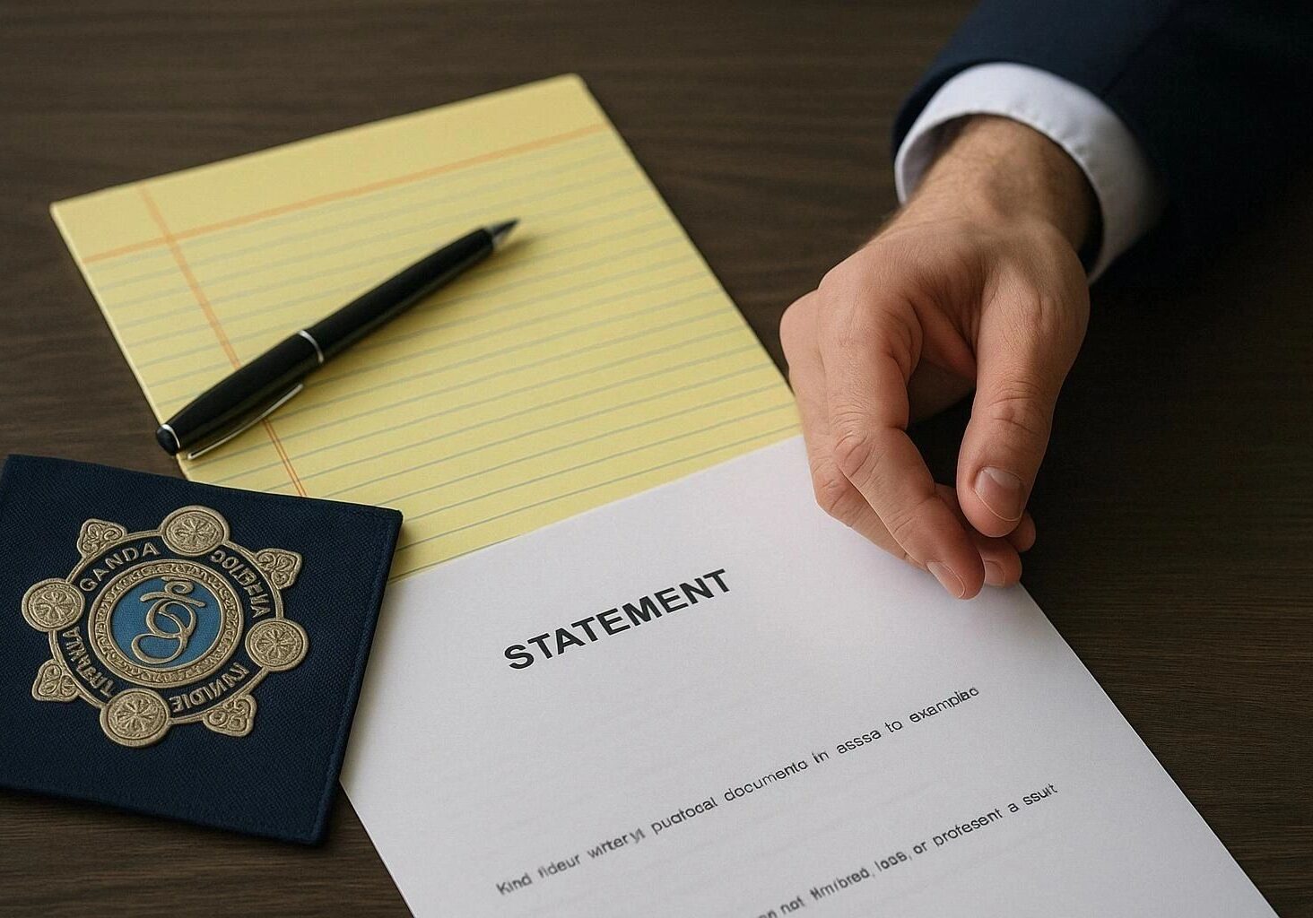 Hand with document, police badge, and notepad.