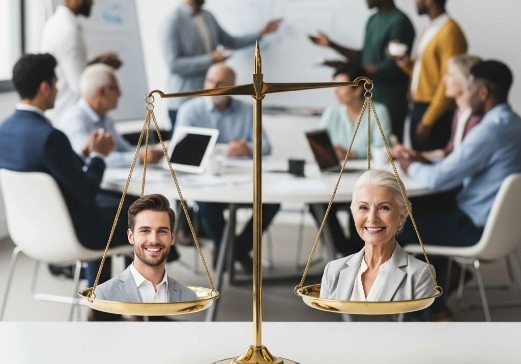 Scales balancing people in a business meeting.