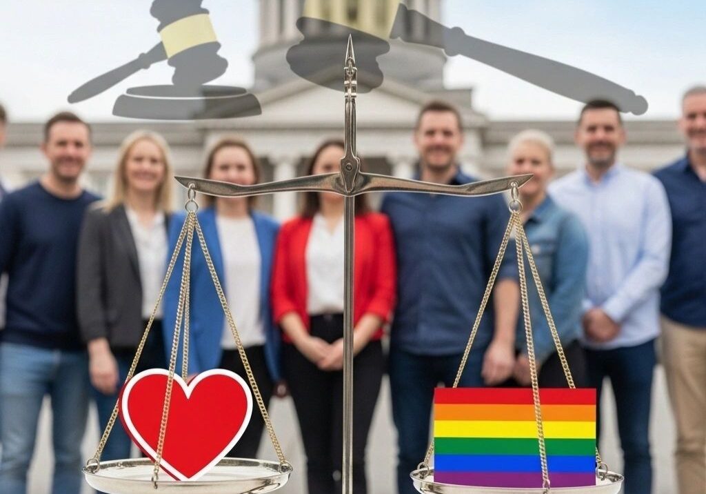 Scales balancing heart and rainbow flag.