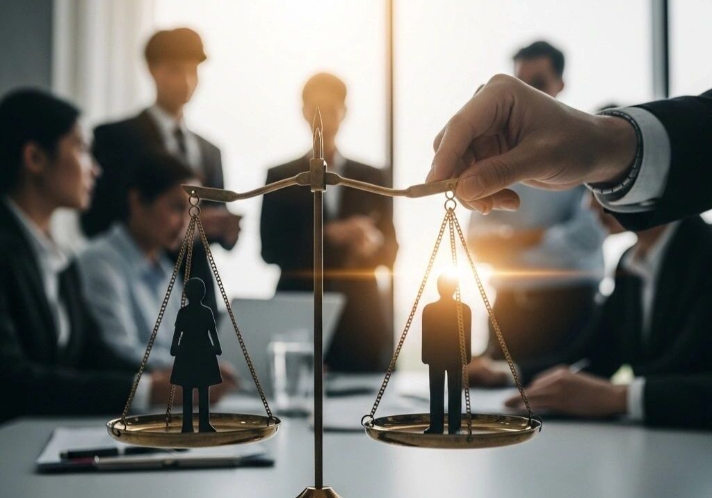 Scales showing gender balance in business meeting.