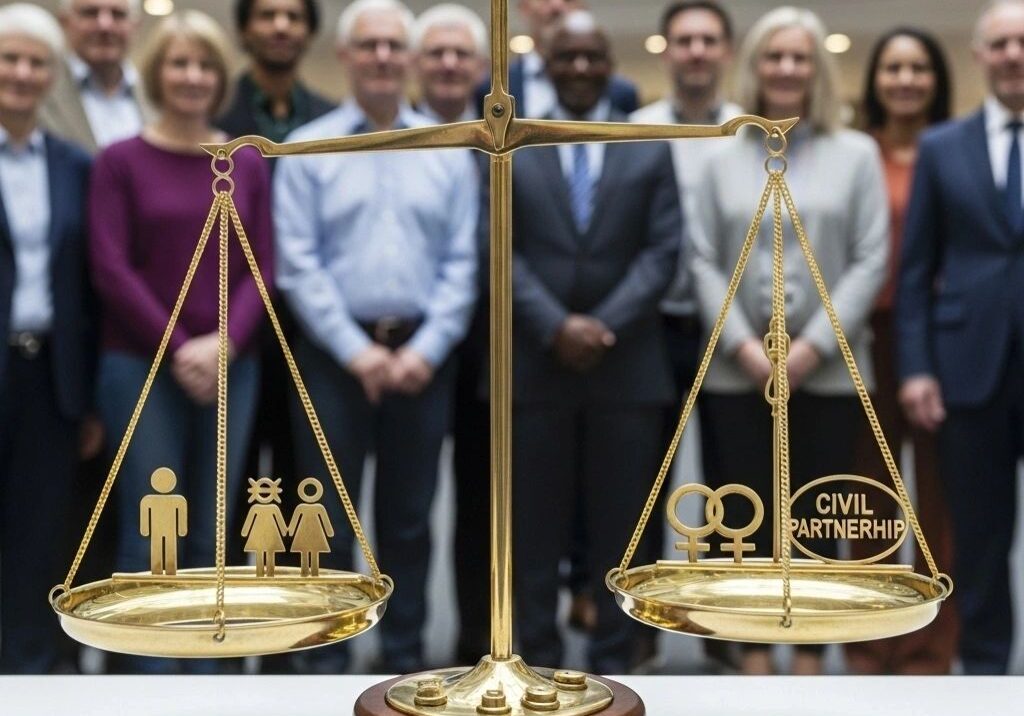 Scales balancing marriage and civil partnership symbols.
