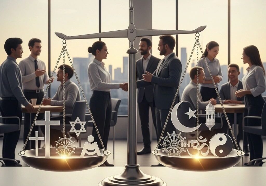 Scales balancing religious symbols and businesspeople.