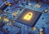 Cybersecurity concept with lock on microchip.
