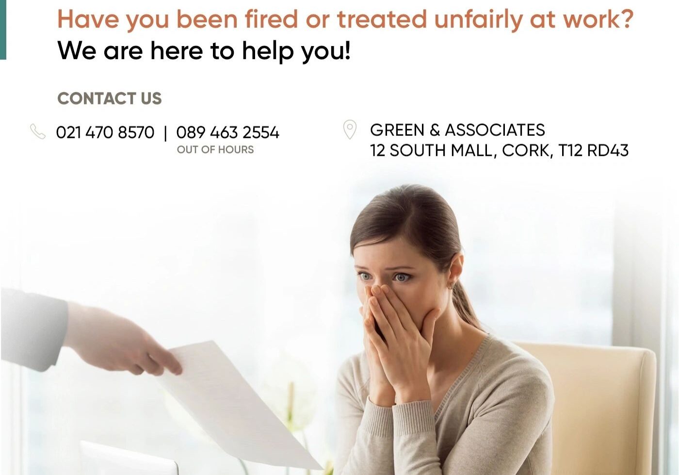 Woman receiving employment law assistance.