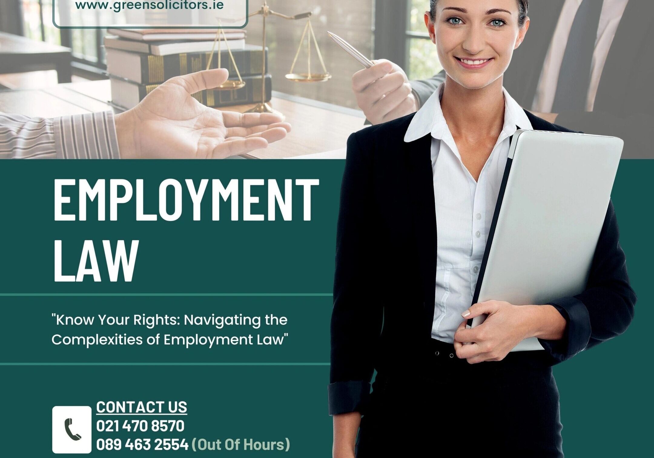 Employment law advertisement with businesswoman smiling.