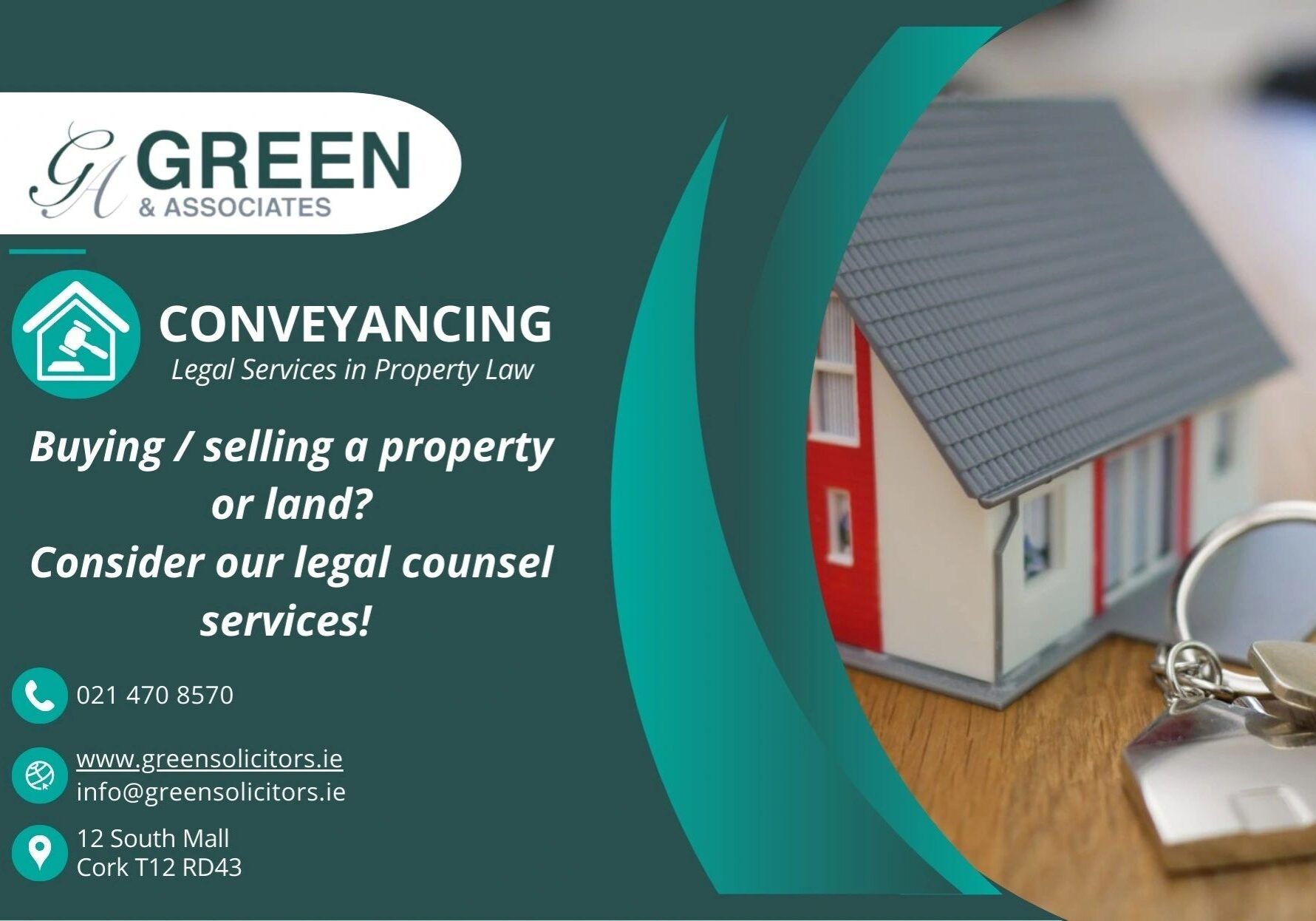 Conveyancing services advertisement with house model.