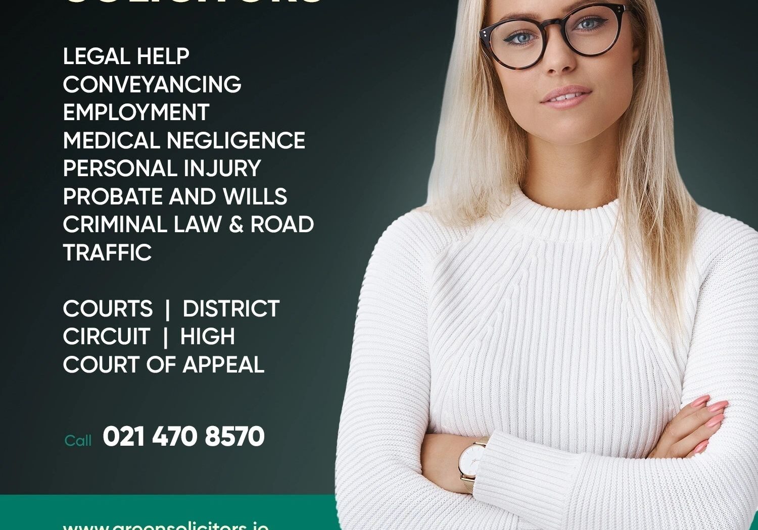 Solicitor advertisement with contact information.