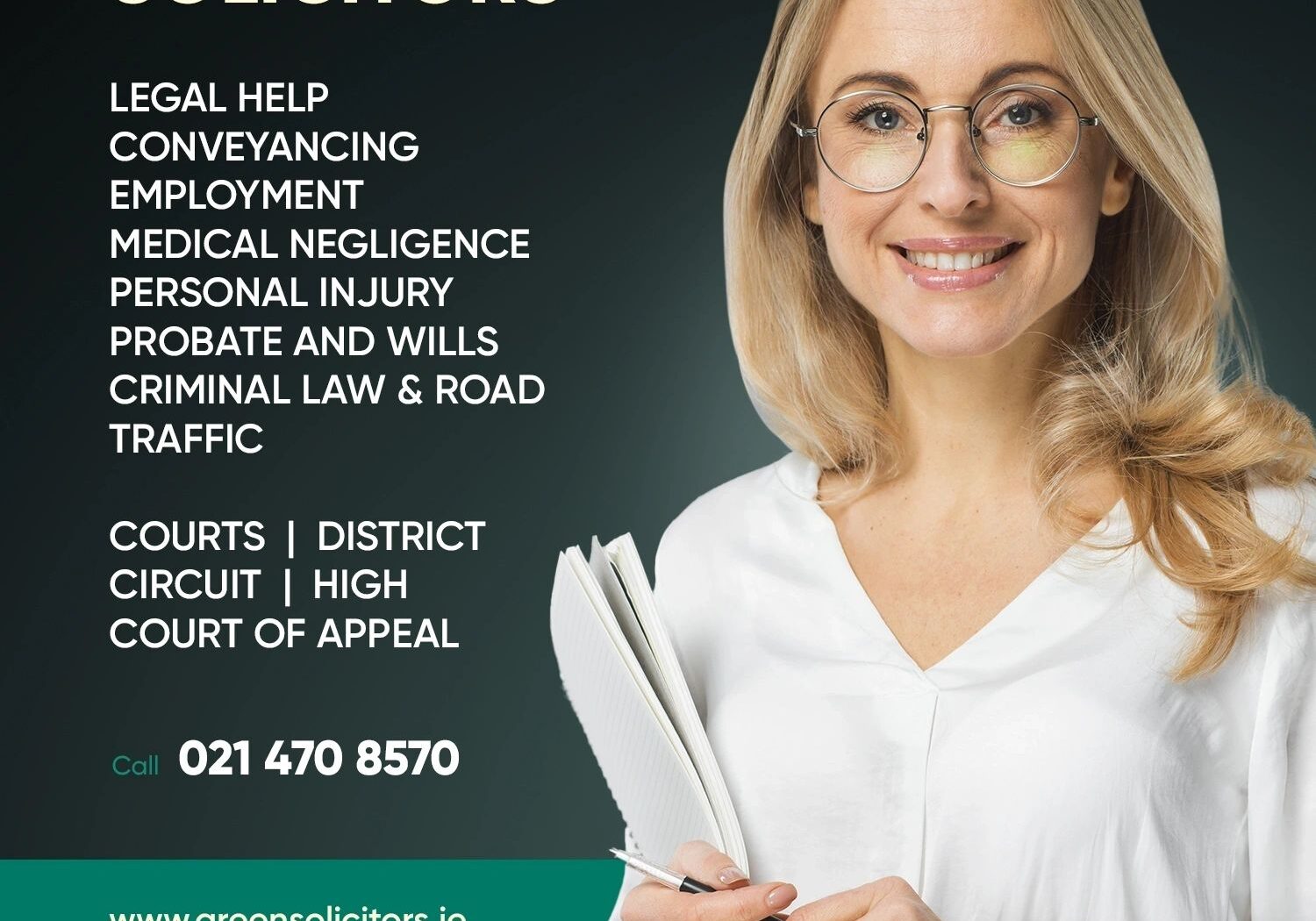 Smiling woman holding documents, solicitor services.