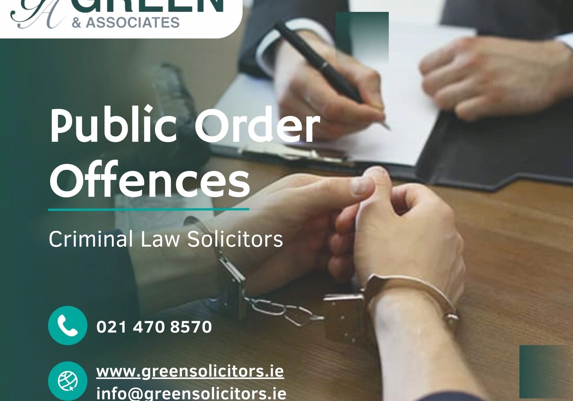 Handcuffed person consulting with a lawyer.