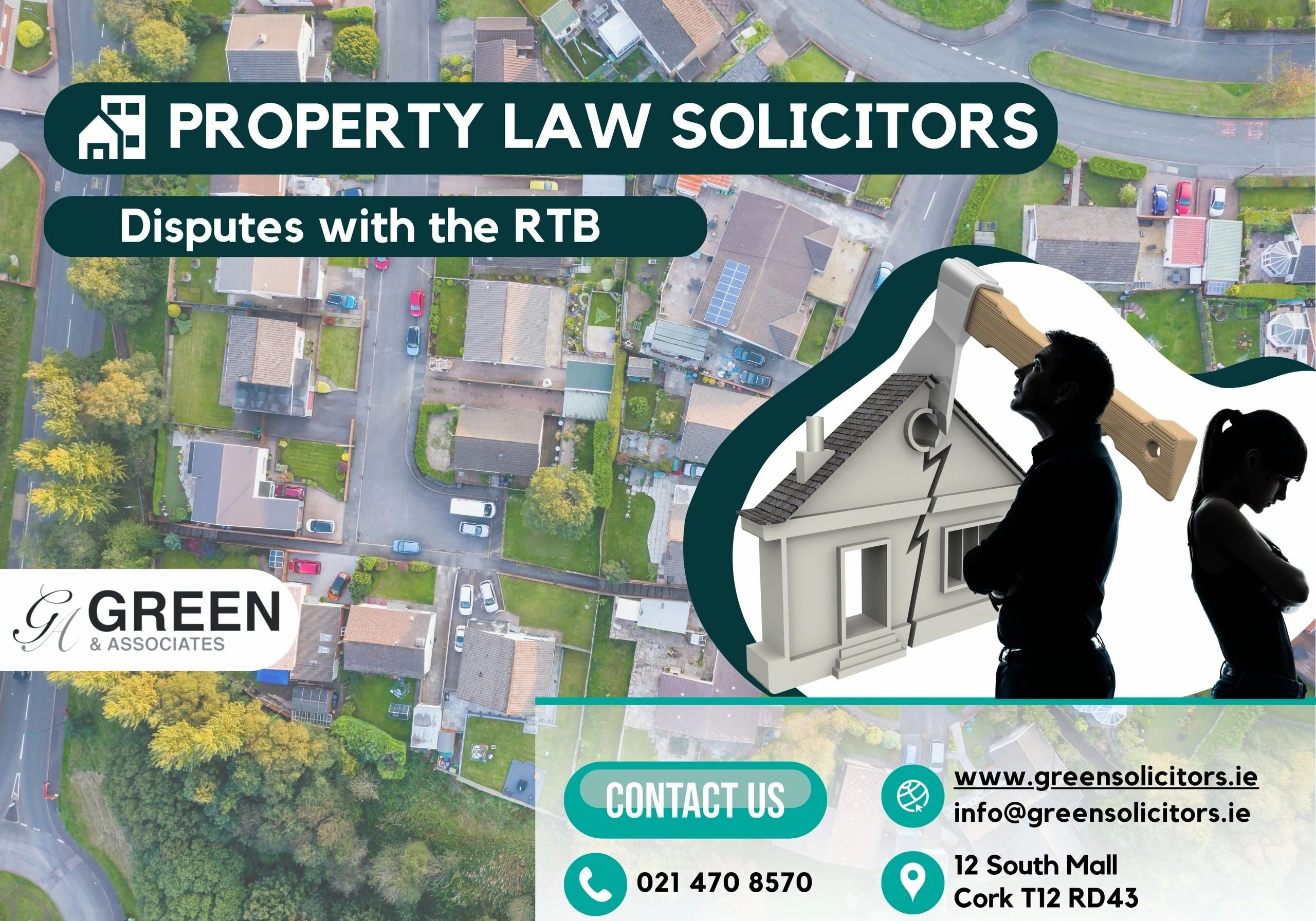 Property law solicitors advertisement with contact details.