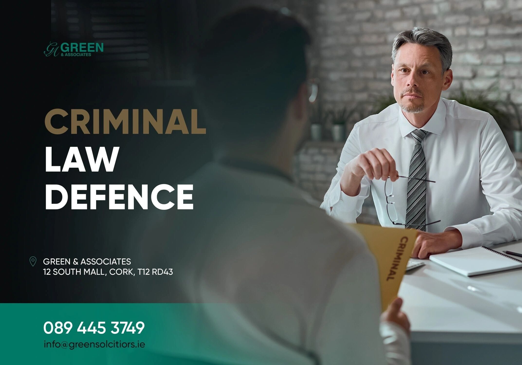 Lawyer consulting client in office setting.