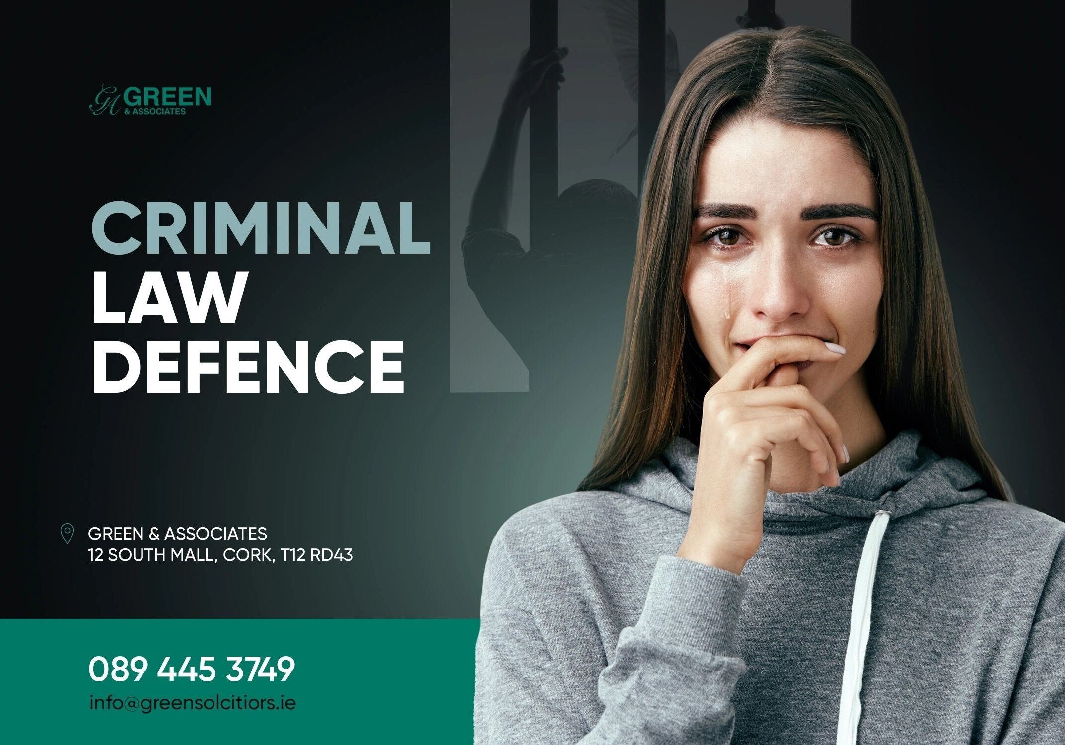 Woman concerned, criminal law defense advertisement.