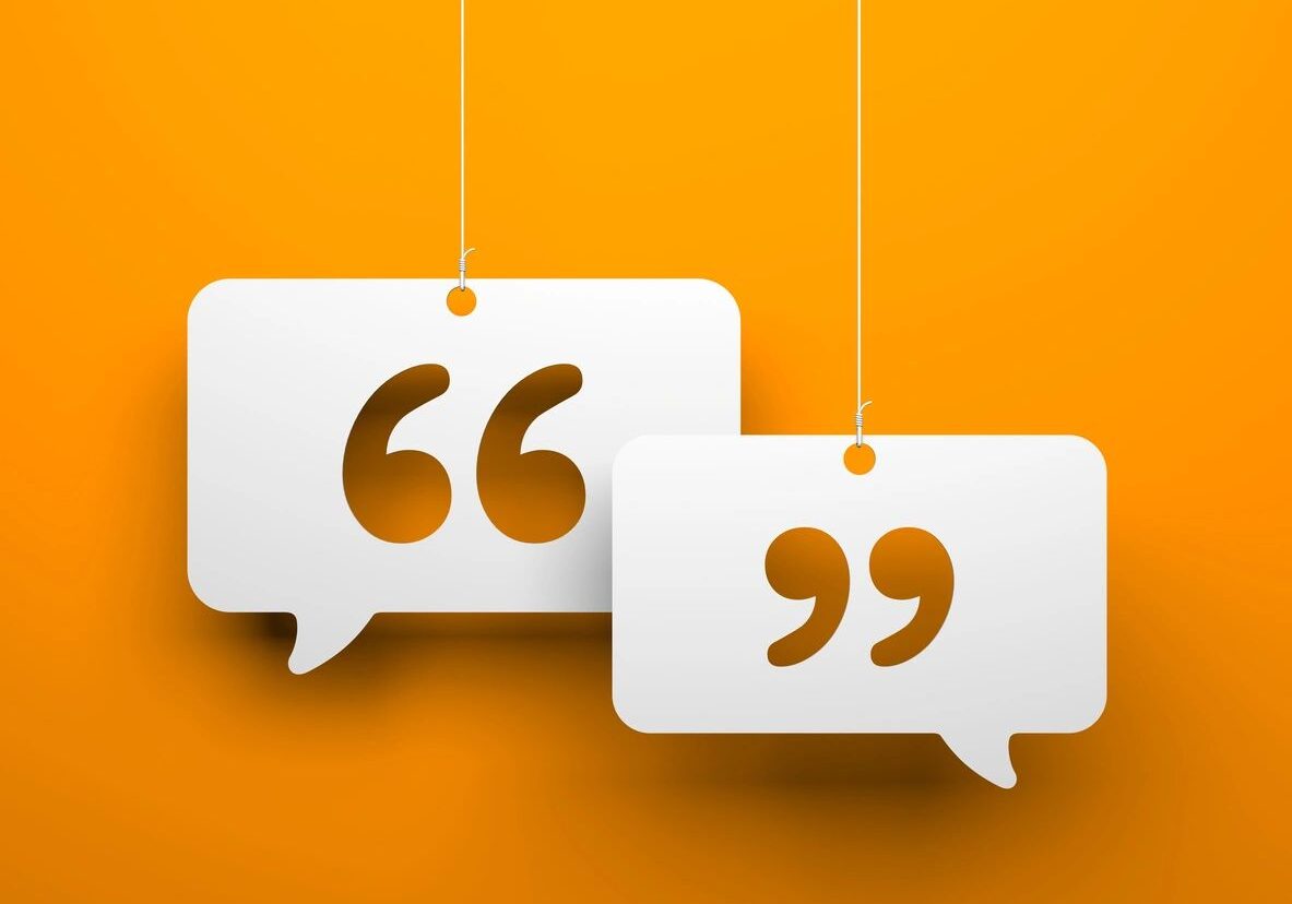 Speech bubbles with quotation marks on orange.