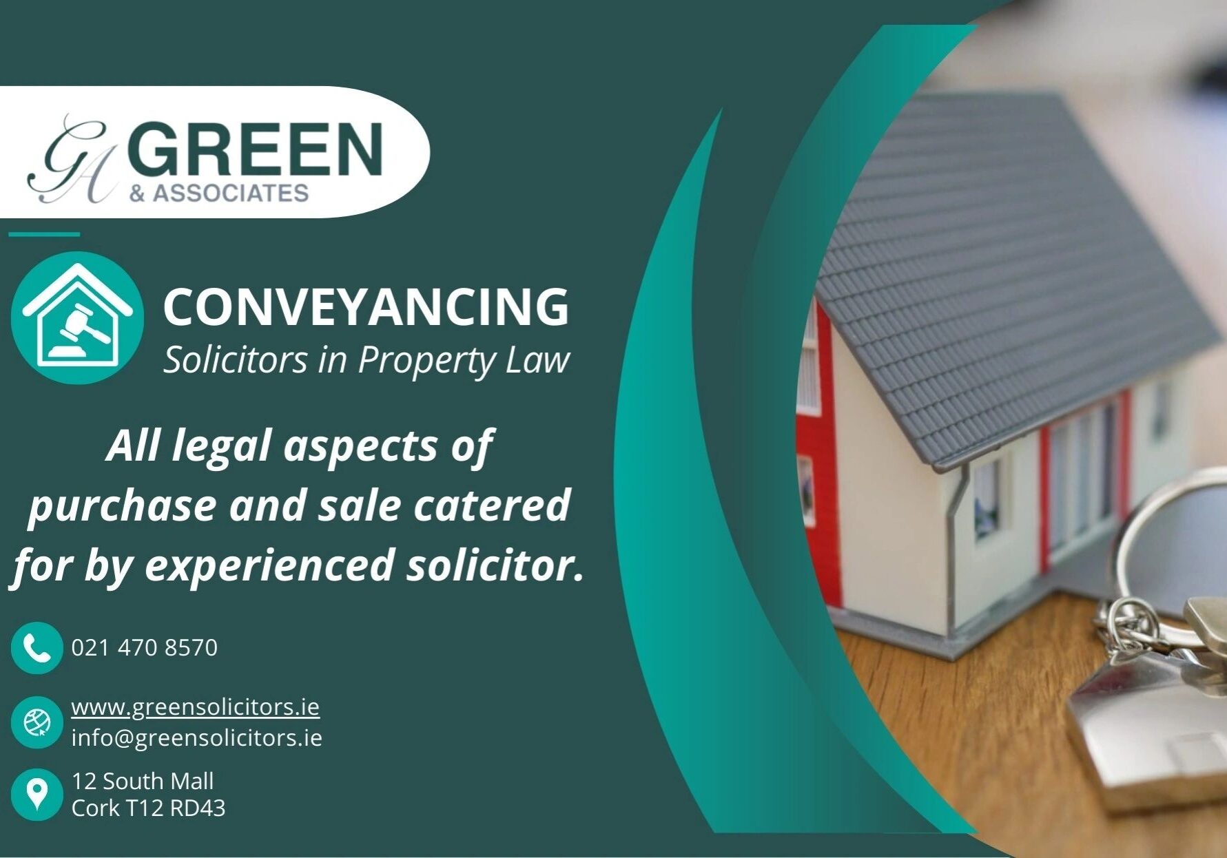Conveyancing services advertisement with contact details.
