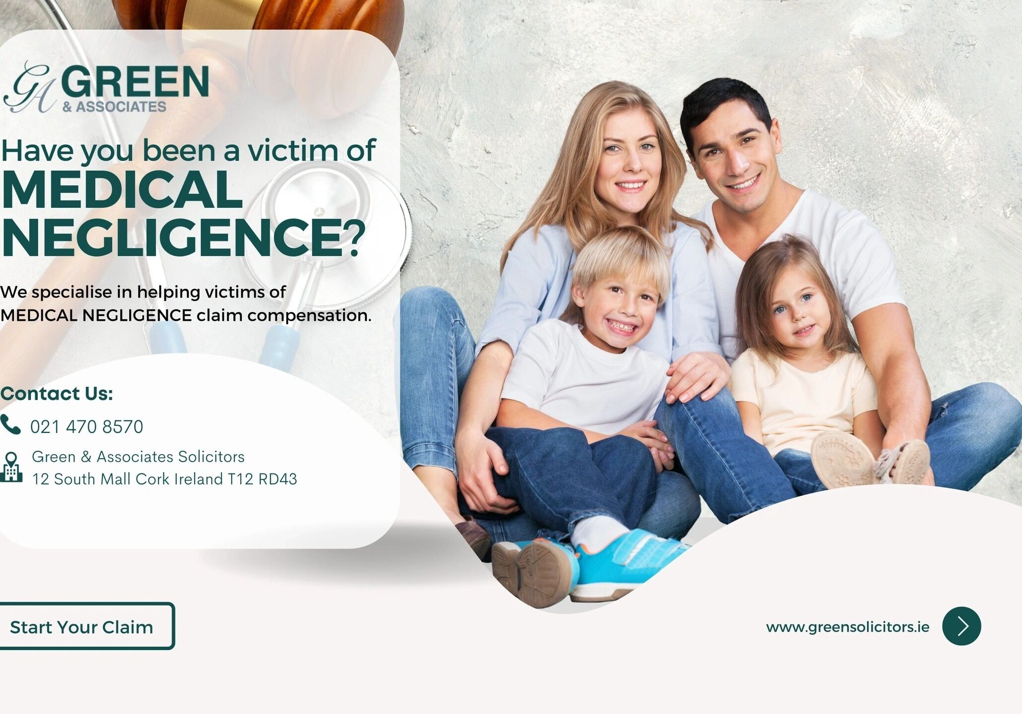 Family posing next to medical negligence ad.