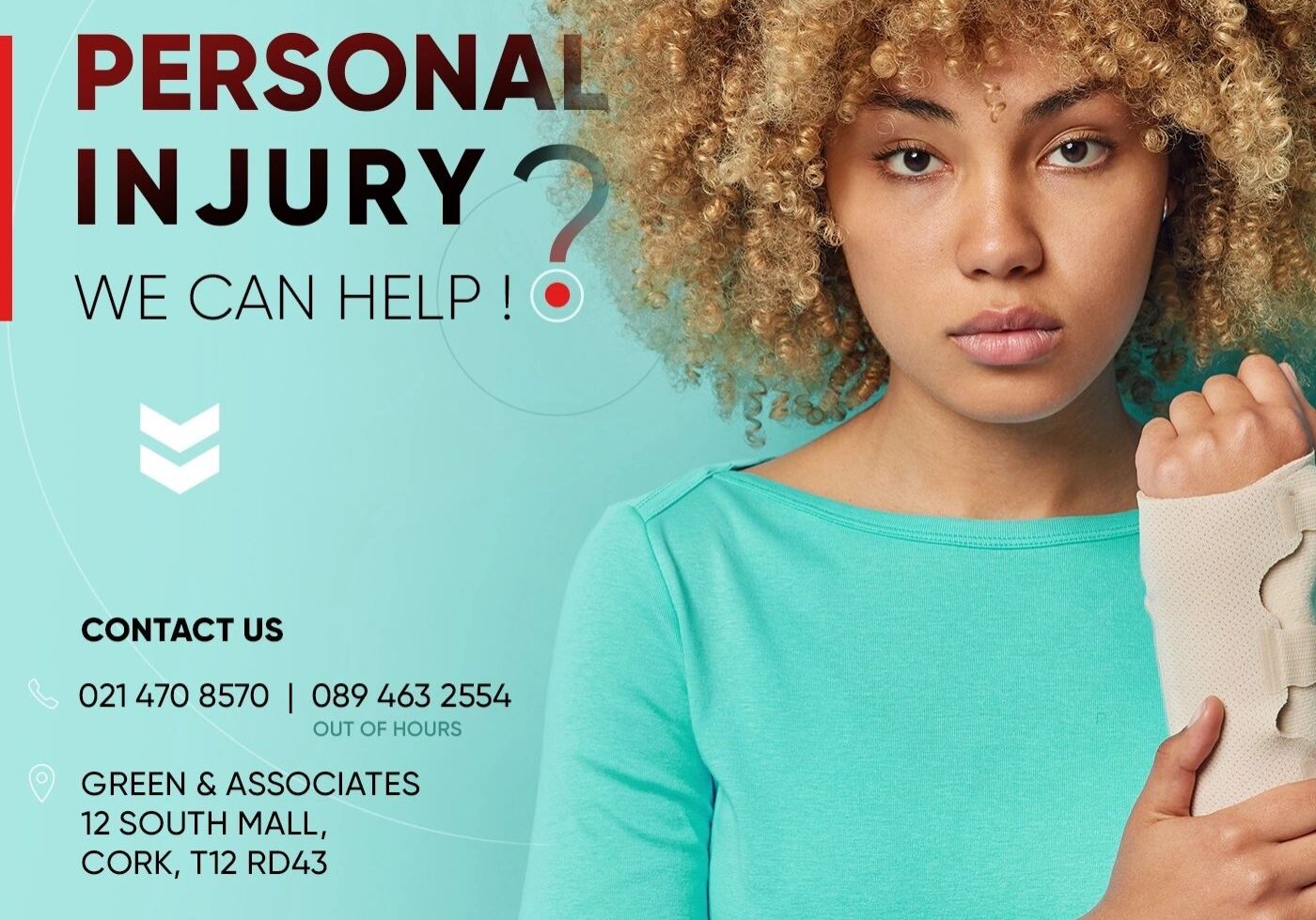Woman with curly hair, personal injury advertisement.
