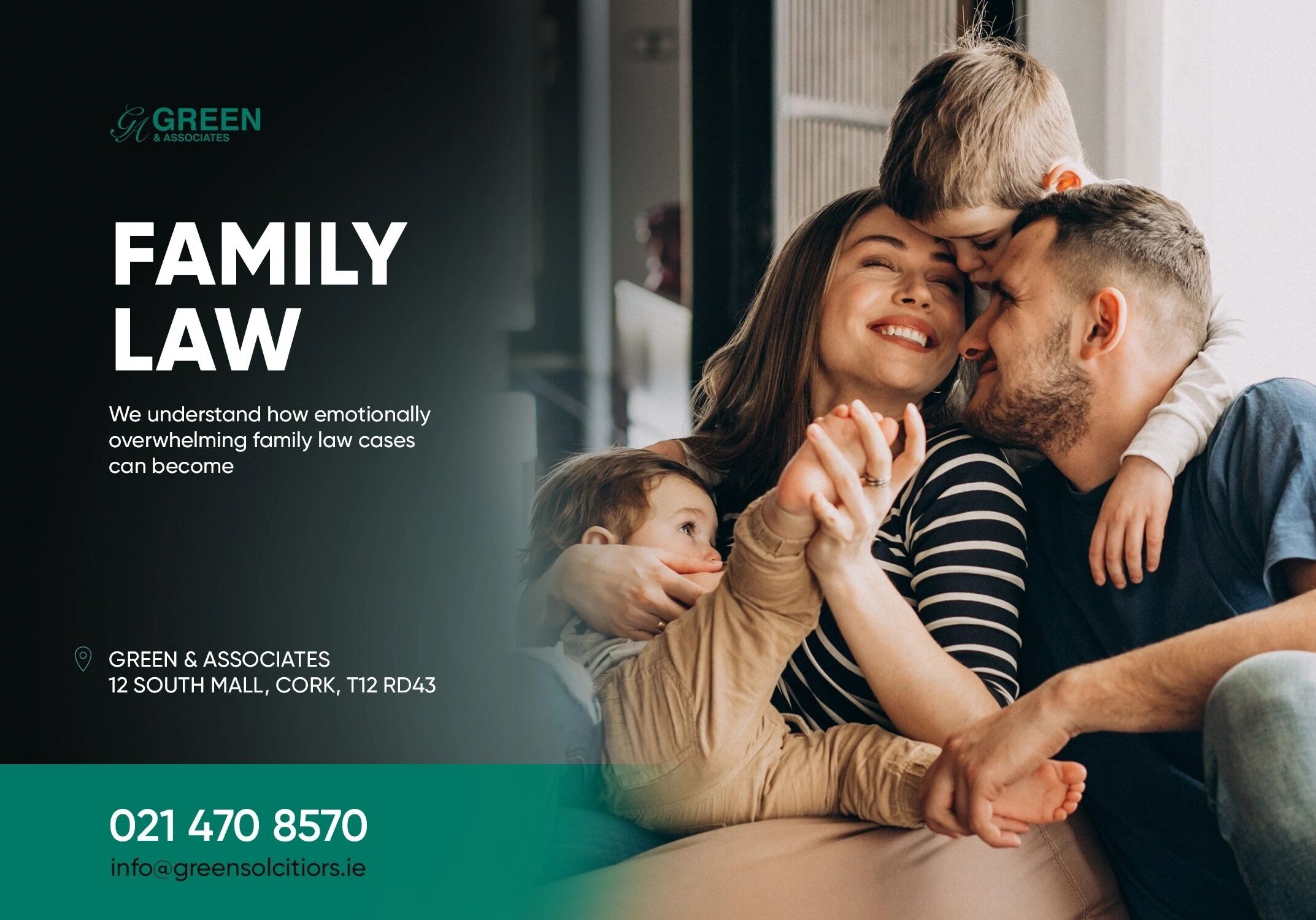 Family embracing, advertisement for family law services.