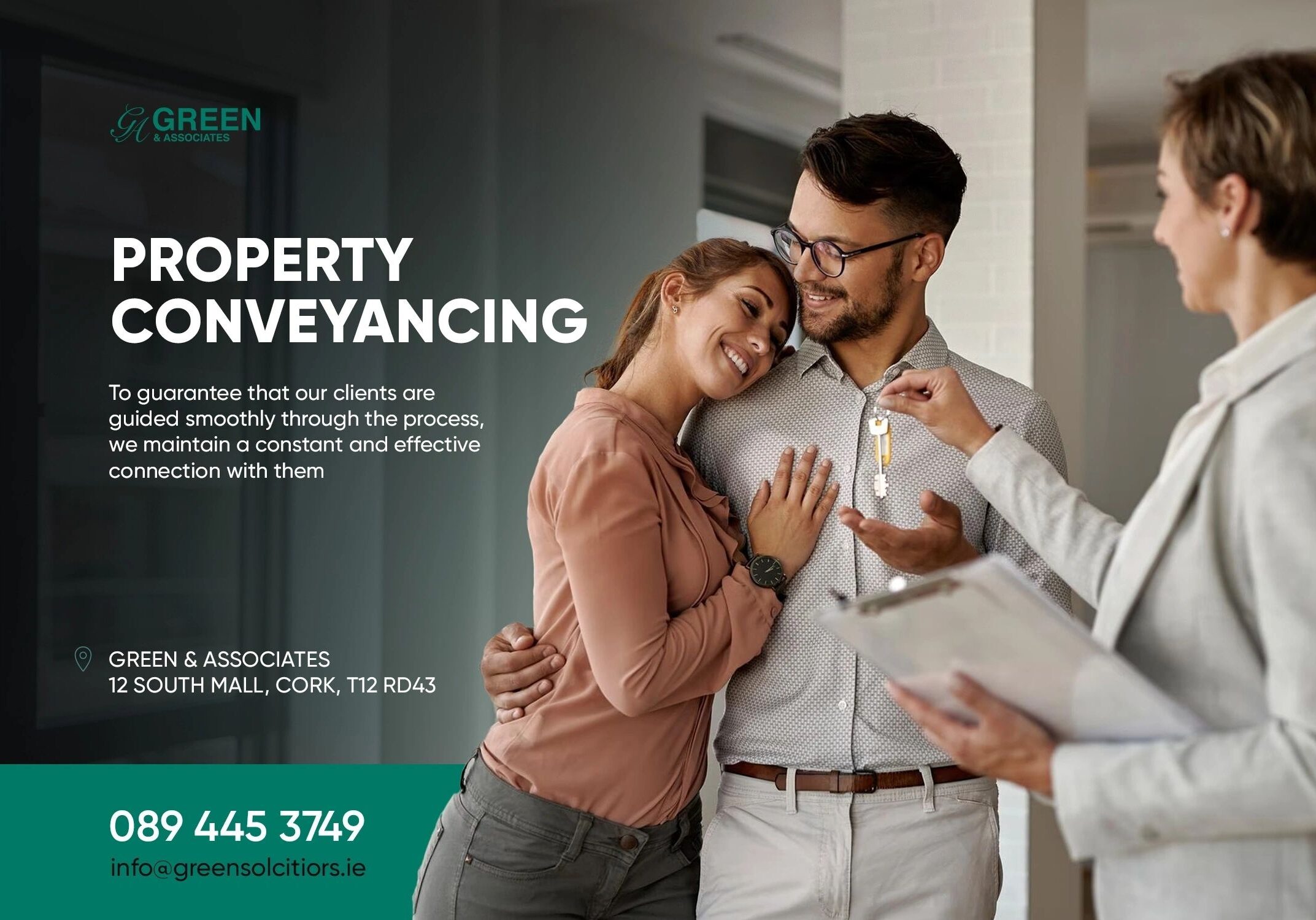 Couple with agent discussing property conveyancing.