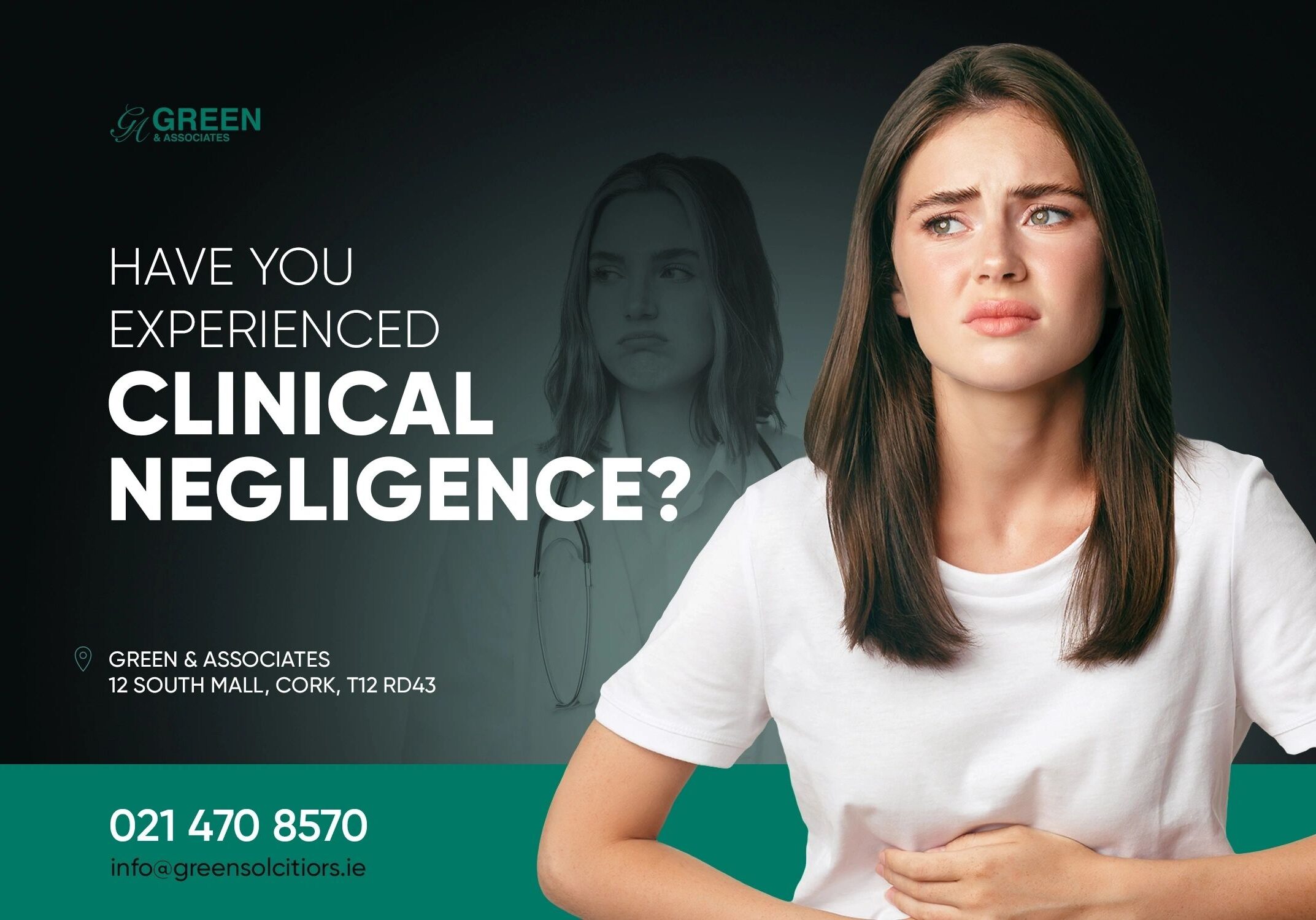 Woman concerned about clinical negligence, contact information.