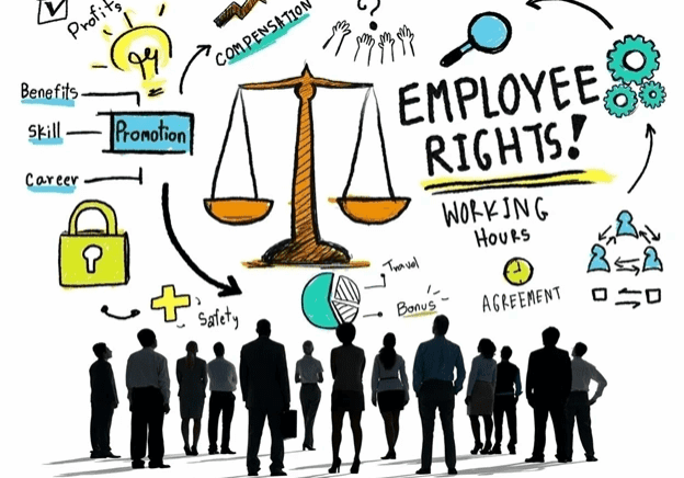Illustration of employee rights and benefits concepts.