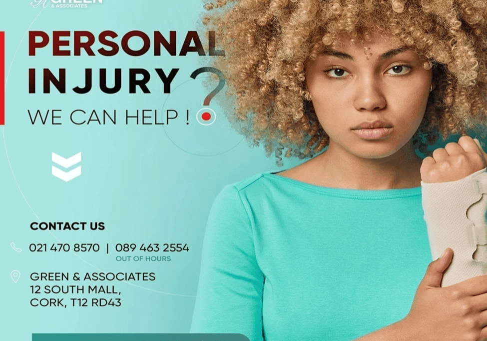 Person holding cast, personal injury advertisement.